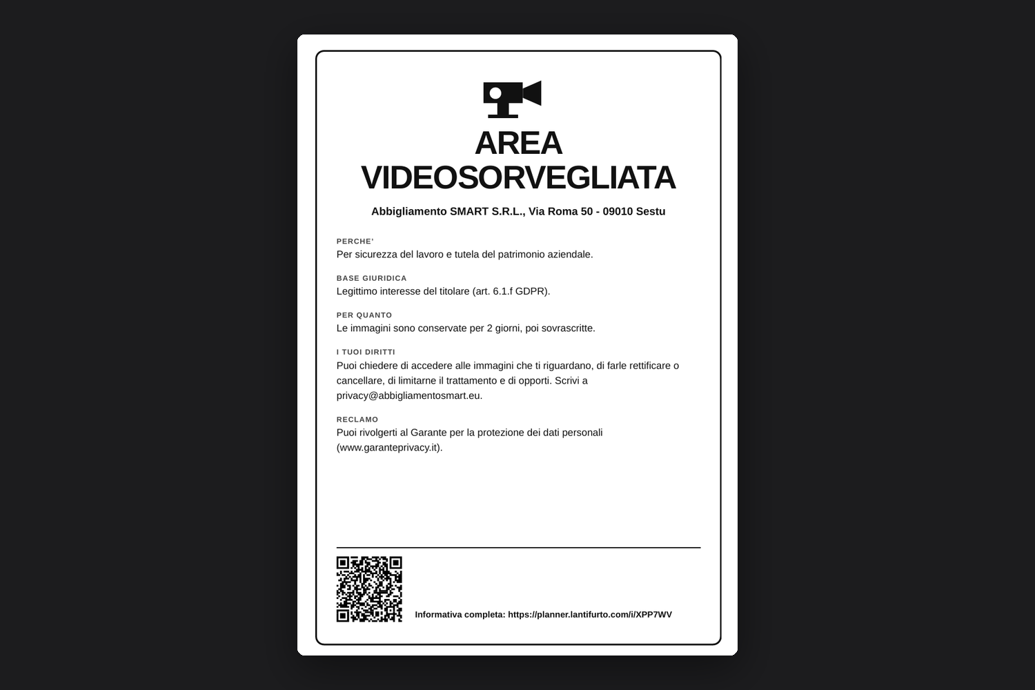 Il cartello di videosorveglianza con il codice QR