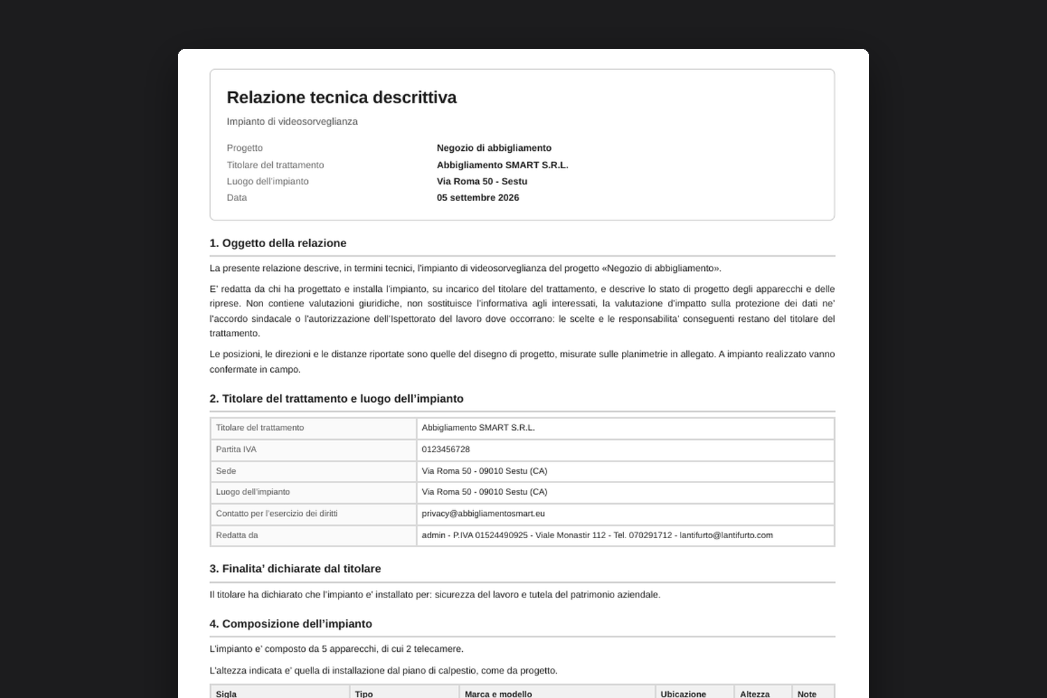 Prima pagina della relazione tecnica
